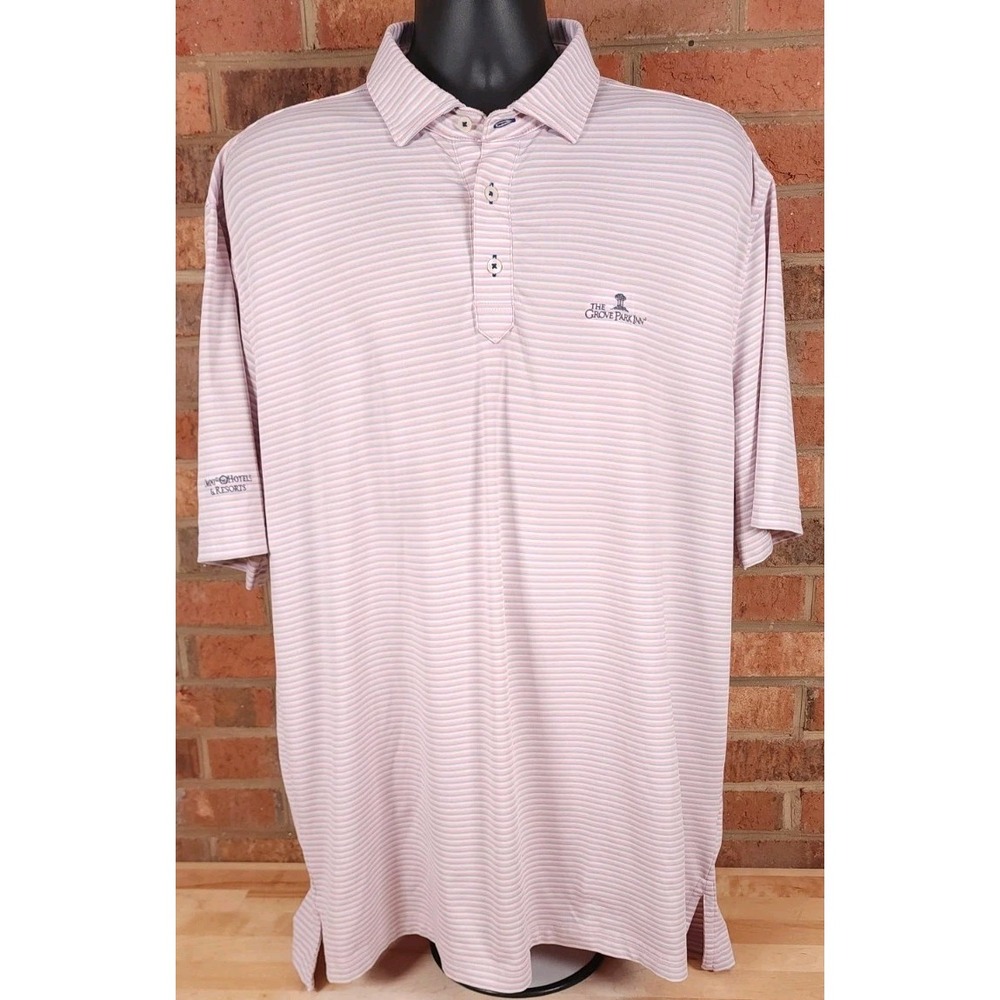 Stitch Golf Polo Shirt Mens XL Pink Gray White Stripe Stretch Grove Park Inn
